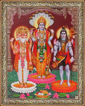 Lord Brahma Vishnu Mahesh Triad on Lotus Thrones in Traditional Indian Art HD phone wallpaper
