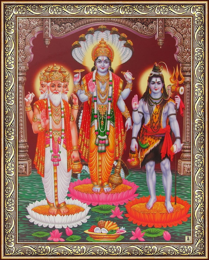 Lord Brahma Vishnu Mahesh Triad on Lotus Thrones in Traditional Indian Art HD phone wallpaper