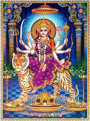 Goddess Durga Riding Tiger with Weapons and Offerings HD phone wallpaper