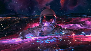 Astronaut Floating in a Glowing Cosmic Ocean with Nebula Reflections HD wallpaper