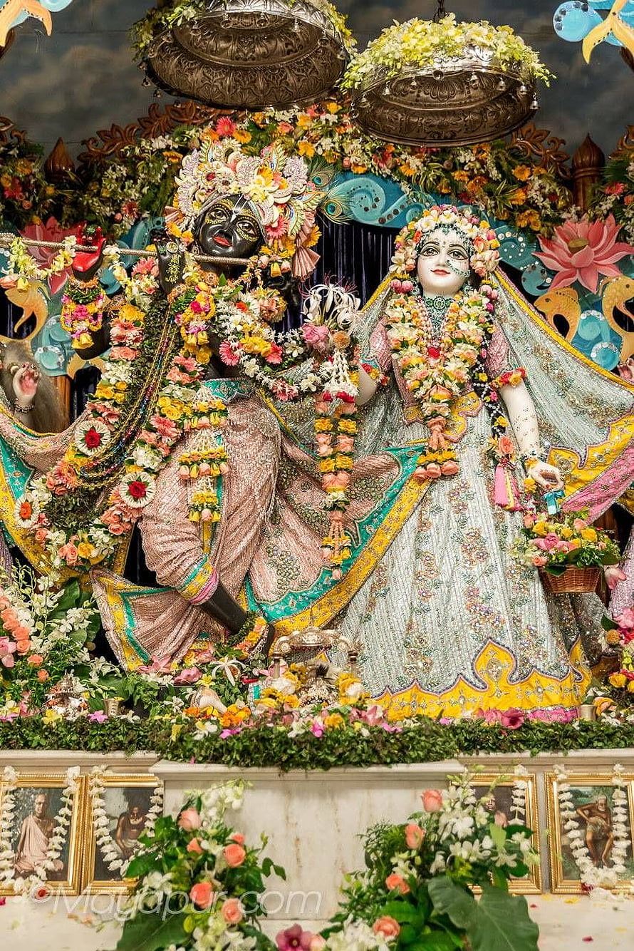 Radha and Krishna Deities Adorned in Flowers and Jewels HD phone wallpaper