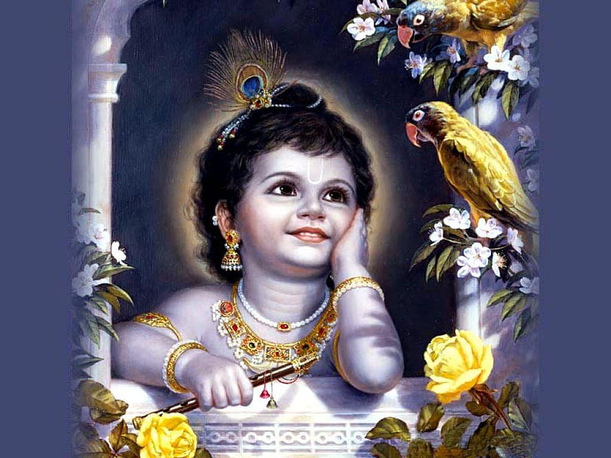 Baby Krishna with Peacocks and Flowers in Traditional Indian Art HD wallpaper