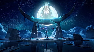 Aphelios and the Moon Goddess in a Celestial Ritual Scene from League of Legends HD wallpaper