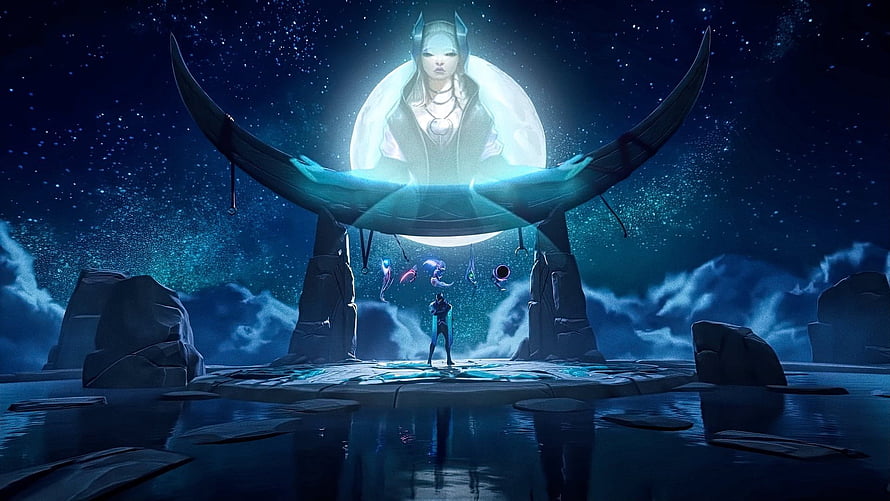 Aphelios and the Moon Goddess in a Celestial Ritual Scene from League of Legends HD wallpaper