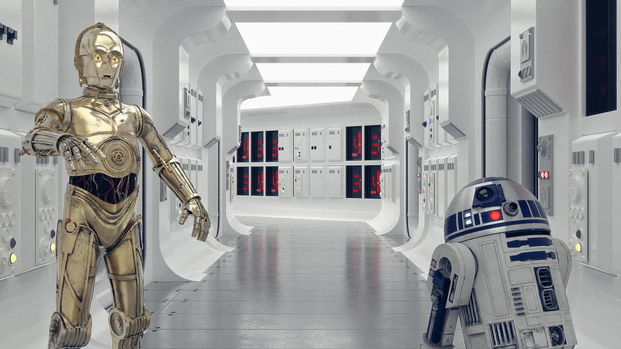 C-3PO and R2-D2 standing in a white futuristic Star Wars spaceship corridor HD wallpaper
