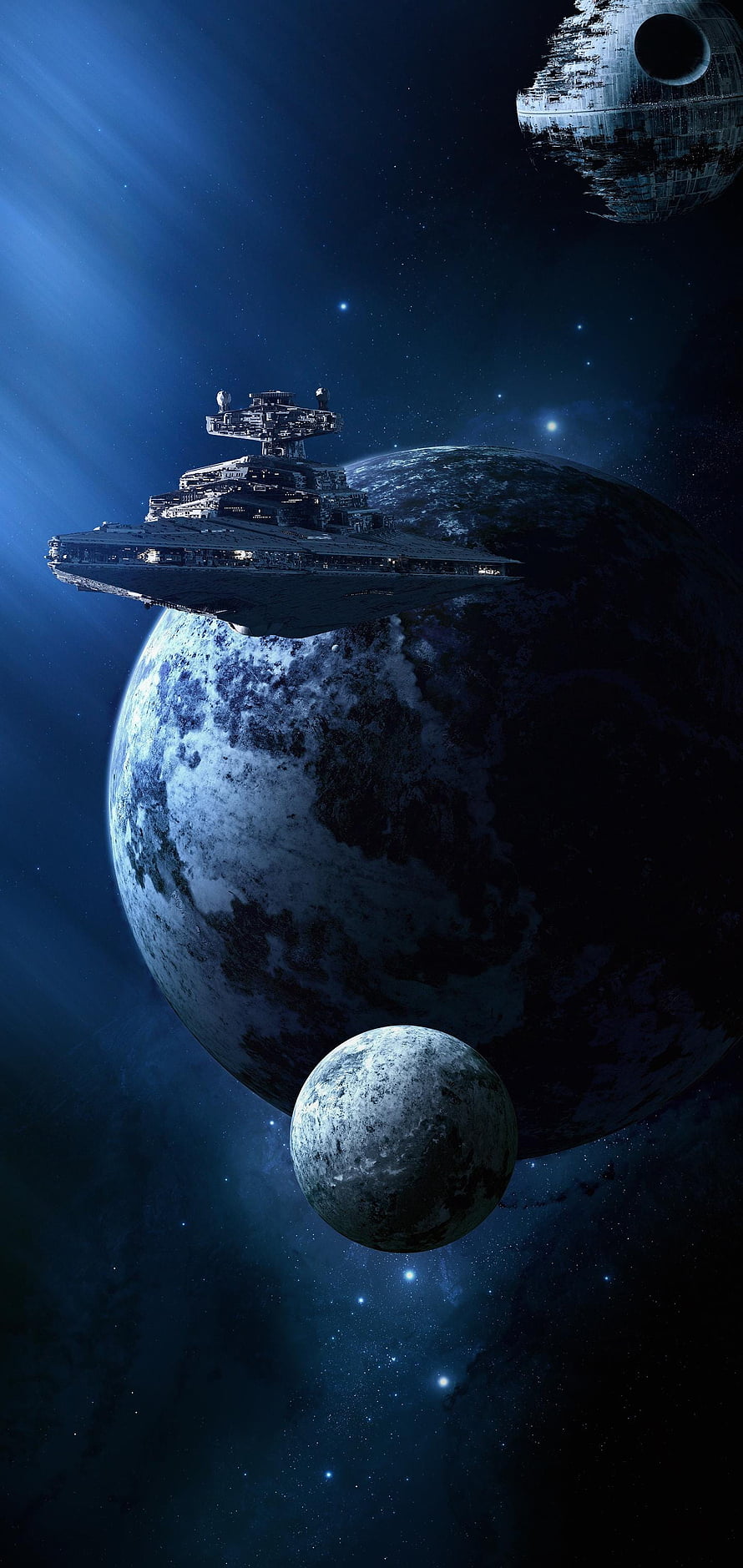 Star Wars Imperial Star Destroyer and Death Star Orbiting a Planet in Deep Space HD phone wallpaper