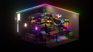 Vibrant RGB Gaming Room Setup with Neon LED Lights and Modern Desk HD wallpaper