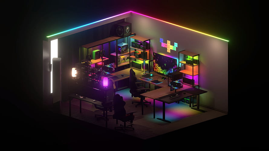 Vibrant RGB Gaming Room Setup with Neon LED Lights and Modern Desk HD wallpaper