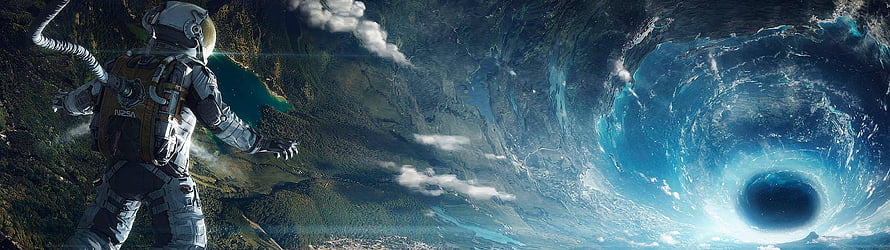 Astronaut in Space Suit Observing Giant Black Hole Vortex Over Earth Landscape HD wallpaper