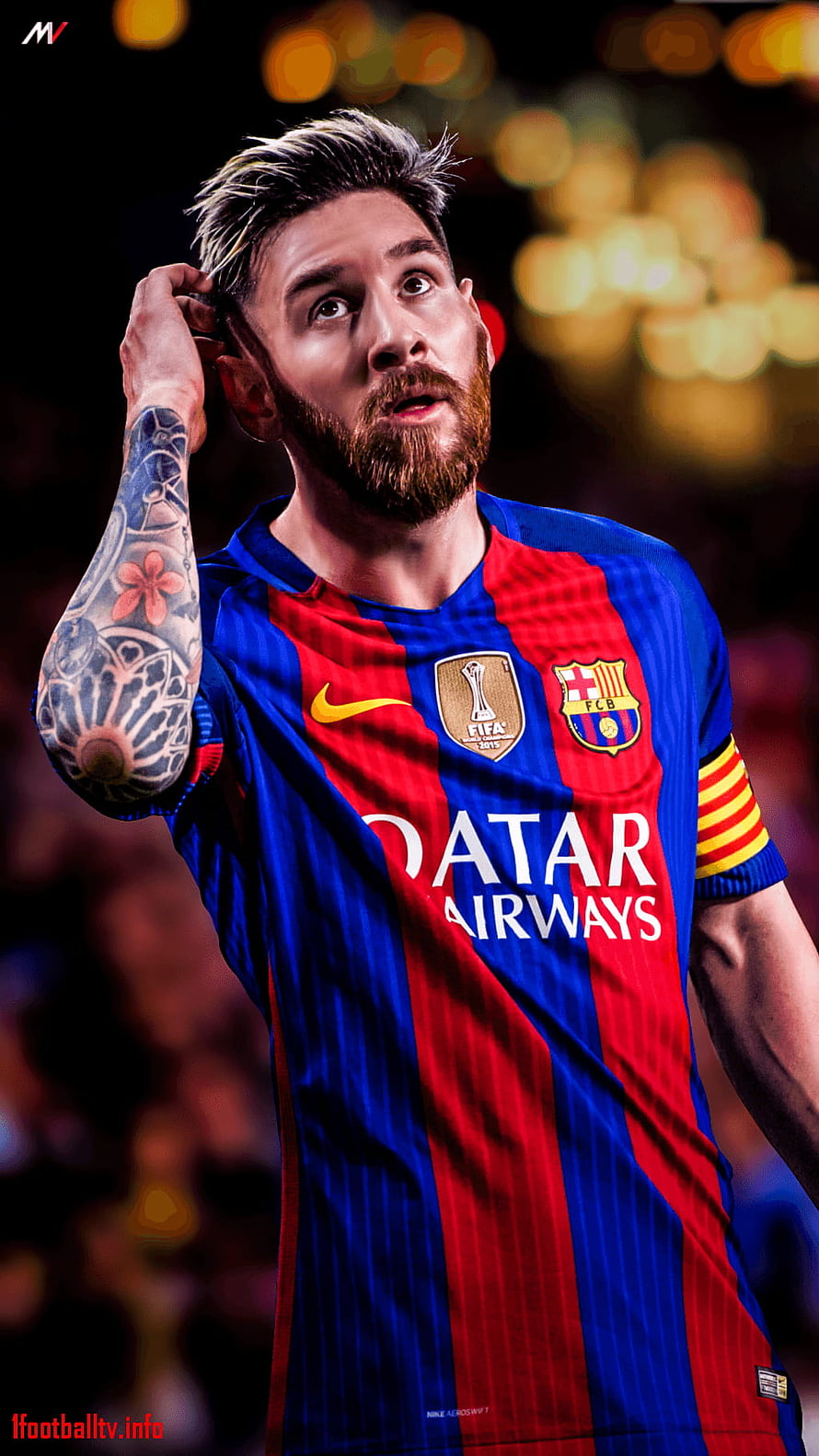 Lionel Messi in FC Barcelona Home Kit with Captain Armband and Tattoos HD phone wallpaper