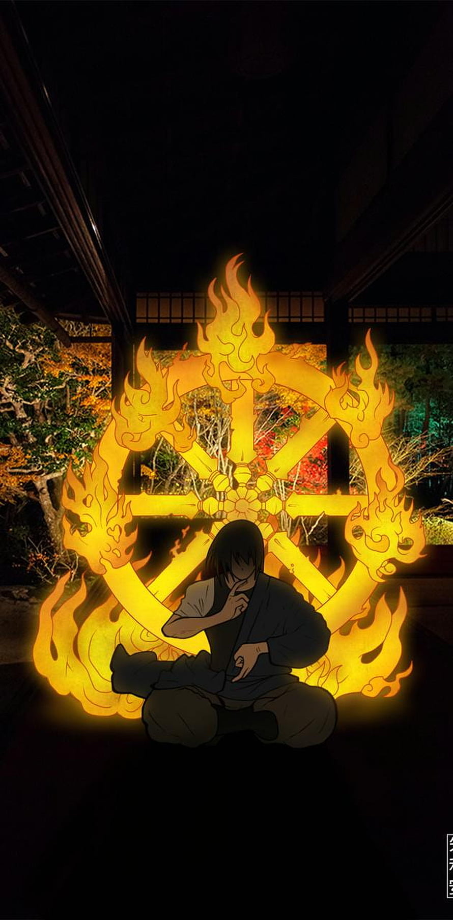 Benimaru Shinmon Meditating Before a Glowing Flame Sigil in a Dark Japanese Garden HD phone wallpaper