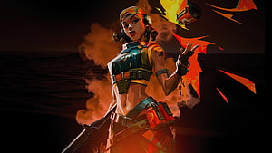 Valorant Raze Character Art with Molotov Cocktail and Explosive Effects HD wallpaper