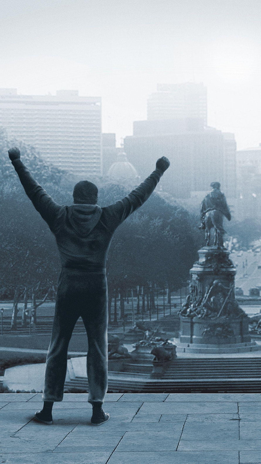 Rocky Balboa Standing With Raised Fists In Philadelphia Cityscape HD phone wallpaper