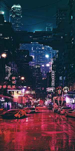Neon-lit cyberpunk city street at night with futuristic cars and glowing signs reflecting on wet pavement HD phone wallpaper
