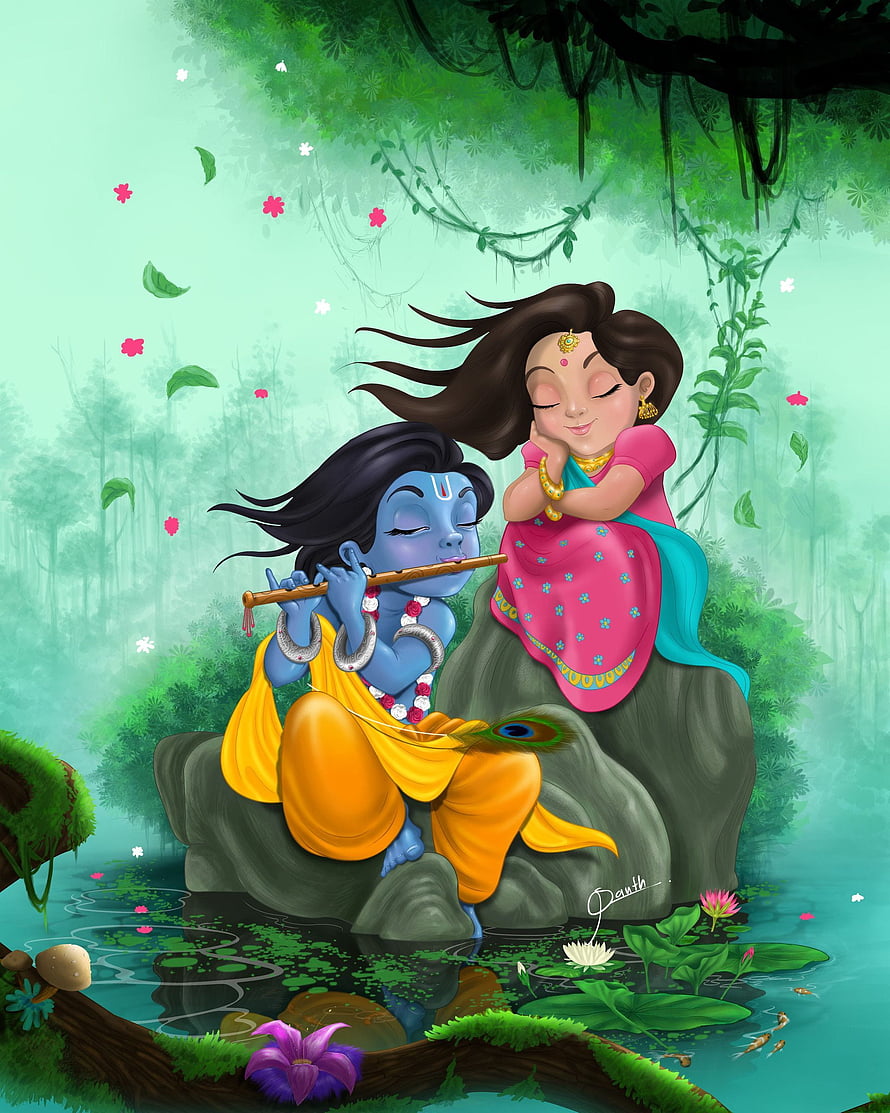 Cute Krishna Playing Flute For Radha In A Lush Green Forest HD phone wallpaper