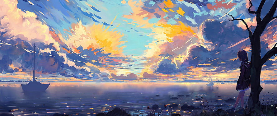 Anime Girl Leaning Against Tree Watching Sunset Over Ocean With Sailboats HD wallpaper