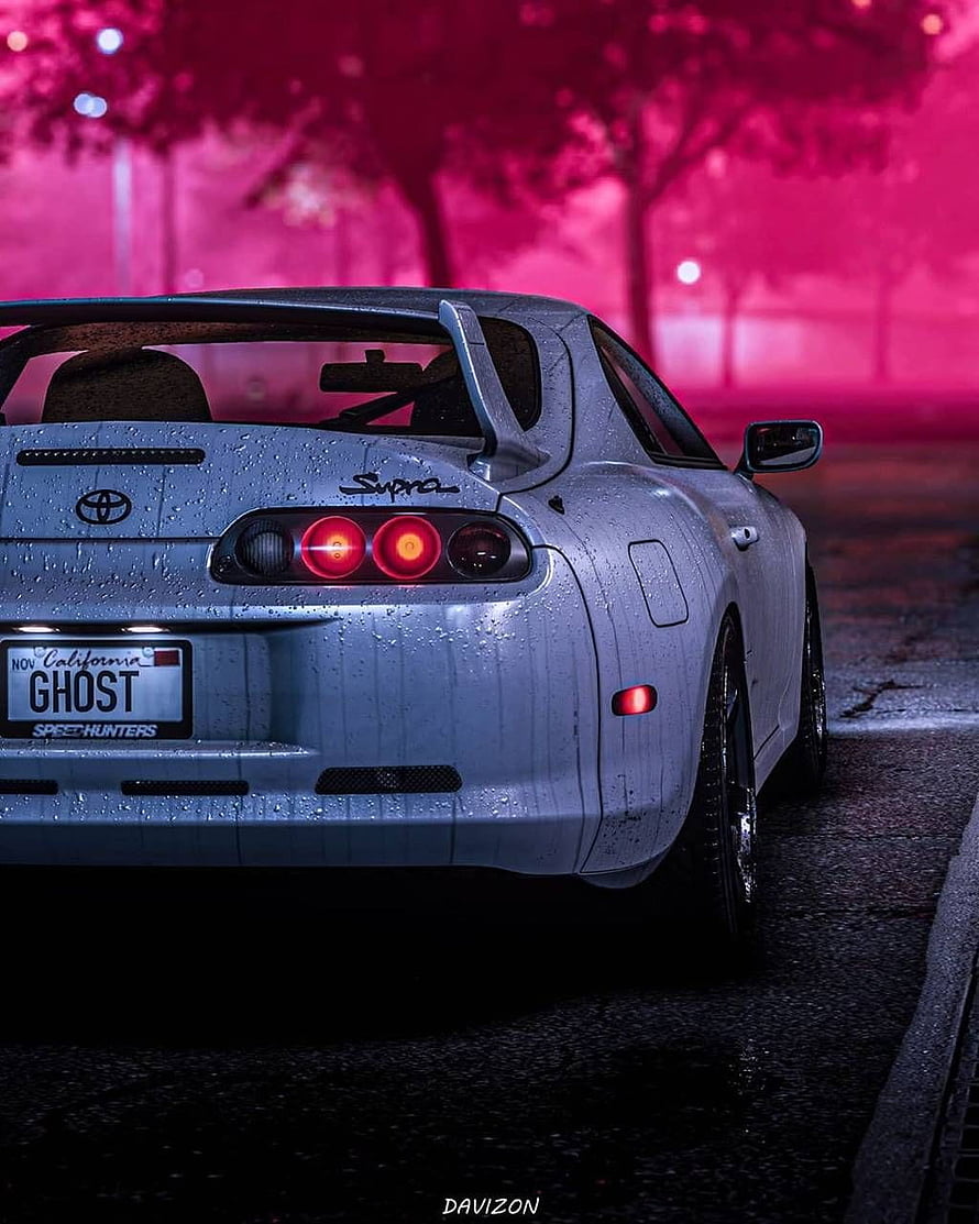 Silver Toyota Supra MK4 Rear View in Neon Pink Rainy Night Atmosphere HD phone wallpaper
