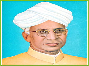 Portrait of Dr Sarvepalli Radhakrishnan in a white turban and yellow kurta against a blue background HD wallpaper