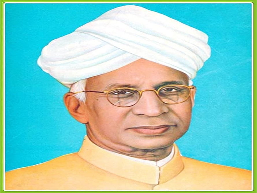 Portrait of Dr Sarvepalli Radhakrishnan in a white turban and yellow kurta against a blue background HD wallpaper