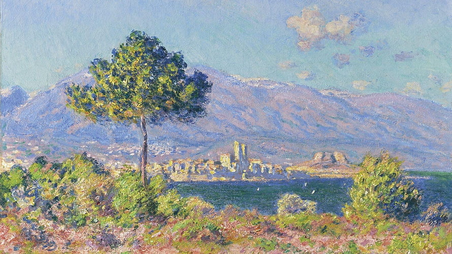 Impressionist Landscape Painting of a Coastal Town with Mountains and a Pine Tree HD wallpaper