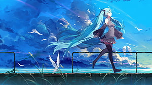Hatsune Miku Running Along Pier With Seagulls And Blue Sky HD wallpaper