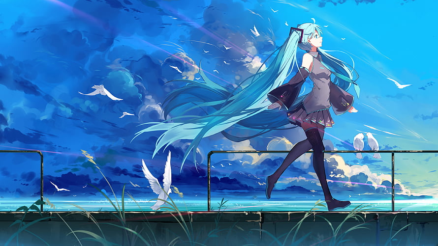 Hatsune Miku Running Along Pier With Seagulls And Blue Sky HD wallpaper