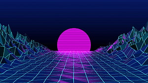 Retro 80s Synthwave Landscape With Neon Grid And Purple Sun HD wallpaper