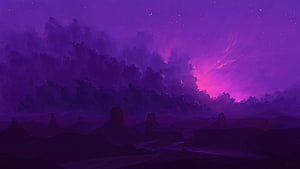 Mystical Purple Desert Landscape With Starry Night Sky And Crescent Moon HD wallpaper