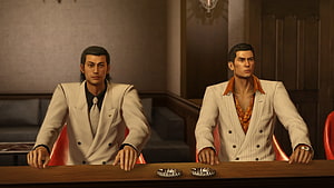 Akira Nishikiyama and Partner in White Suits at Yakuza Kiwami Nexus Bar HD wallpaper