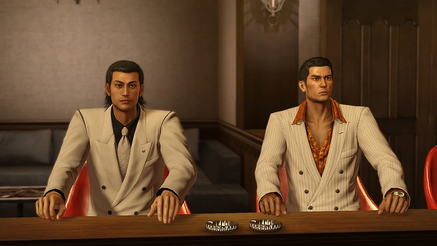 Akira Nishikiyama and Partner in White Suits at Yakuza Kiwami Nexus Bar HD wallpaper