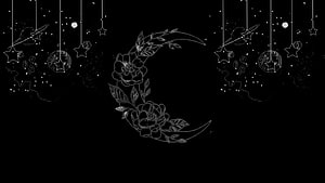 Elegant Crescent Moon with Floral Line Art and Celestial Ornaments on Black Background HD wallpaper