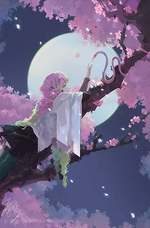 Mitsuri Kanroji from Demon Slayer Reaching for a Snake Under a Full Moon Amid Cherry Blossoms HD phone wallpaper