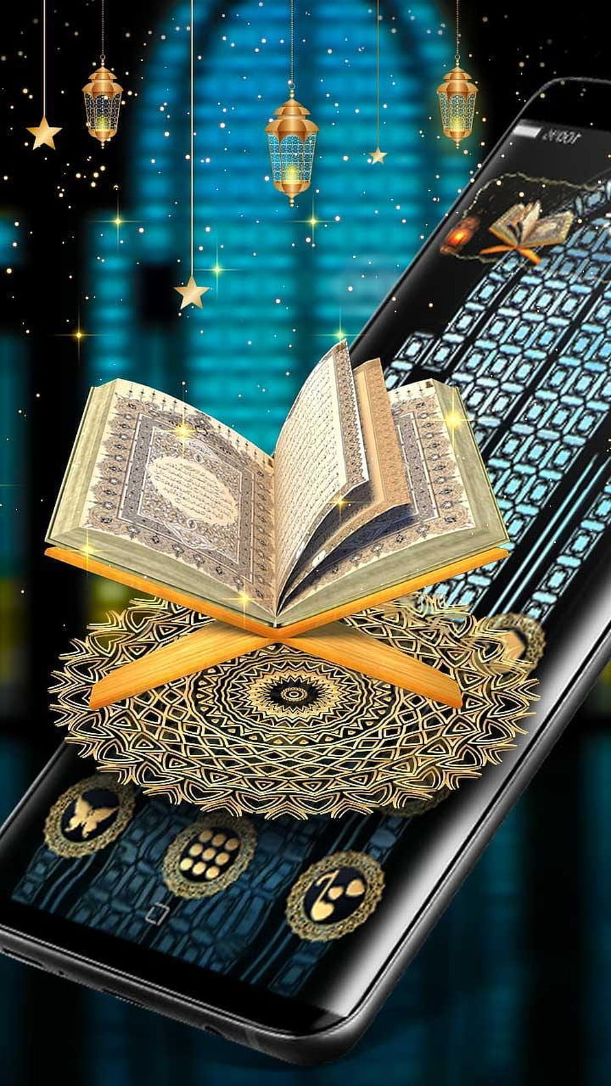 Al Quran Sharif Theme Launcher for Android with Islamic Lanterns and Geometric Patterns HD phone wallpaper