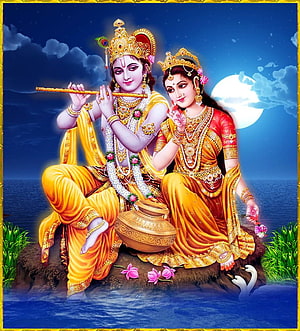 Lord Krishna and Radha Playing Flute Under the Moonlight in a Serene Night Scene HD phone wallpaper