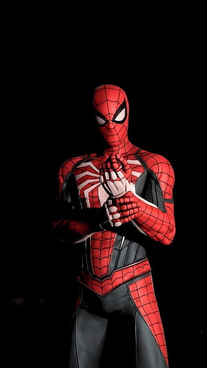 Spider-Man in Advanced Suit with Hands Clasped Against Dark Background, Spiderman AMOLED, spider man android HD phone wallpaper
