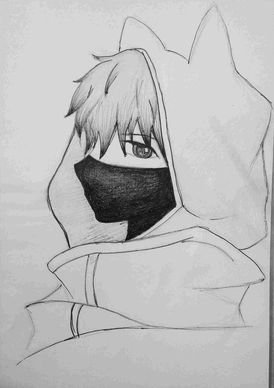 Anime Boy In Hoodie With Mask Pencil Sketch Drawing HD phone wallpaper