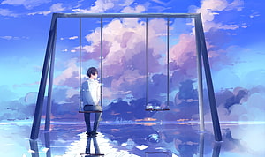 Anime Boy Sitting Alone on a Swing Set Under a Dreamy Cloudy Sky HD wallpaper