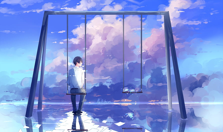 Anime Boy Sitting Alone on a Swing Set Under a Dreamy Cloudy Sky HD wallpaper