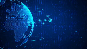 Digital globe with network security icons and cyber padlocks on a dark blue technological background HD wallpaper