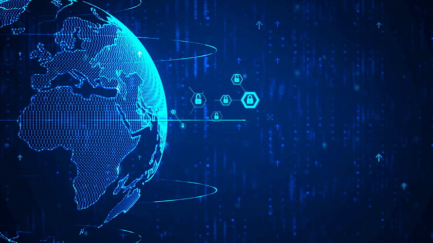 Digital globe with network security icons and cyber padlocks on a dark blue technological background HD wallpaper