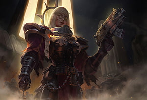 Sister of Battle in ornate power armor holding a bolter pistol in a dark cathedral setting HD wallpaper