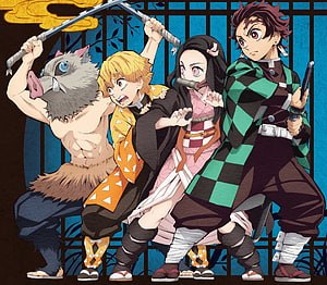 Demon Slayer Main Cast Group Art Featuring Tanjiro, Nezuko, Zenitsu, and Inosuke in Action Poses HD wallpaper