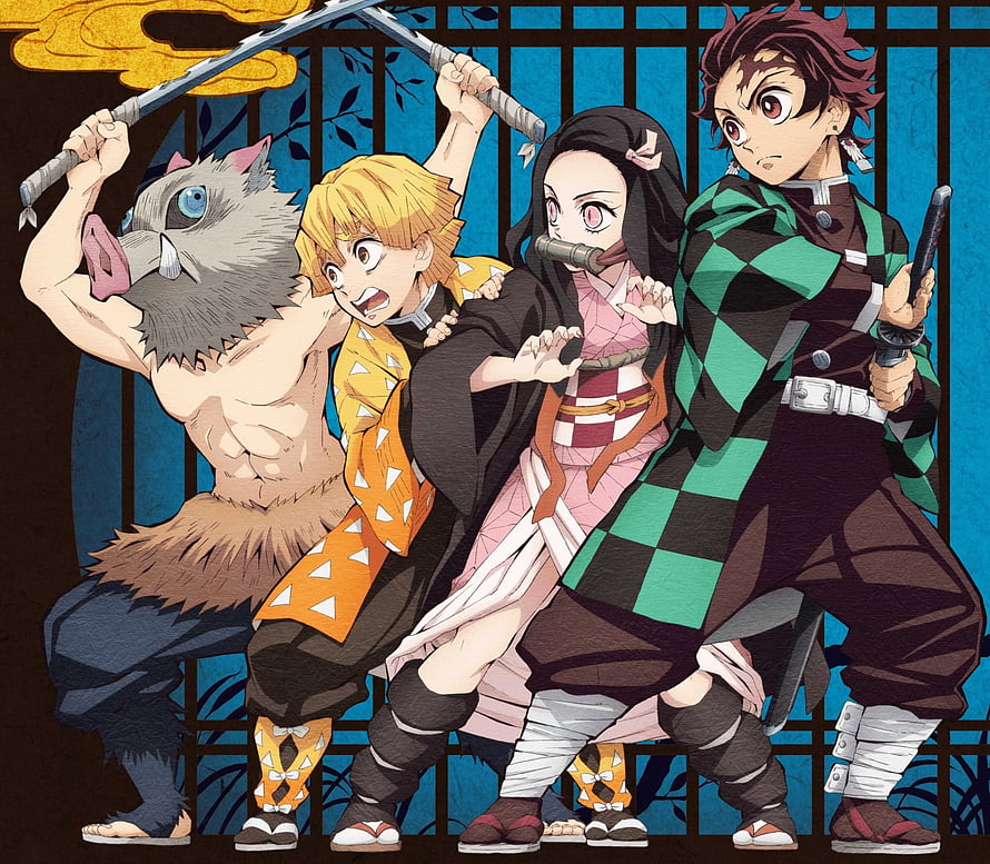Demon Slayer Main Cast Group Art Featuring Tanjiro, Nezuko, Zenitsu, and Inosuke in Action Poses HD wallpaper