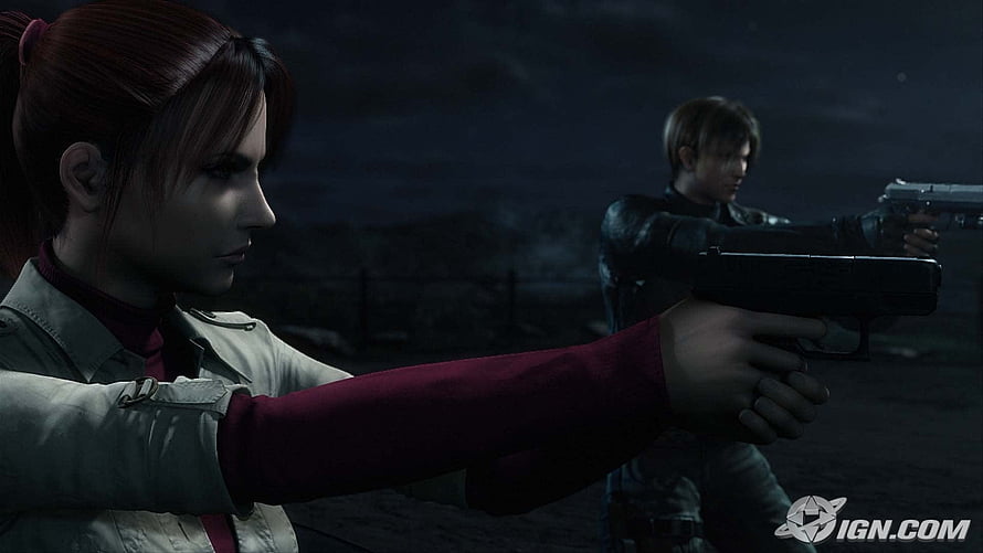 Resident Evil Degeneration: Claire Redfield and Leon S. Kennedy Aiming Pistols in Dark Night Scene HD wallpaper