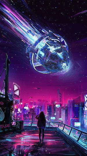 Cyberpunk Neon Cityscape with Futuristic Orbital Station and Lone Figure HD phone wallpaper