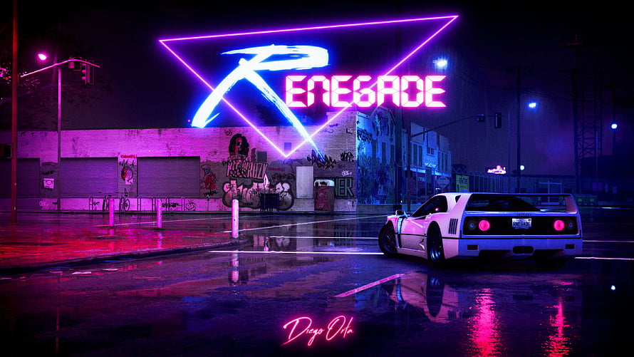 White Sports Car Parked Under Neon Renegade Sign in Cyberpunk City HD wallpaper