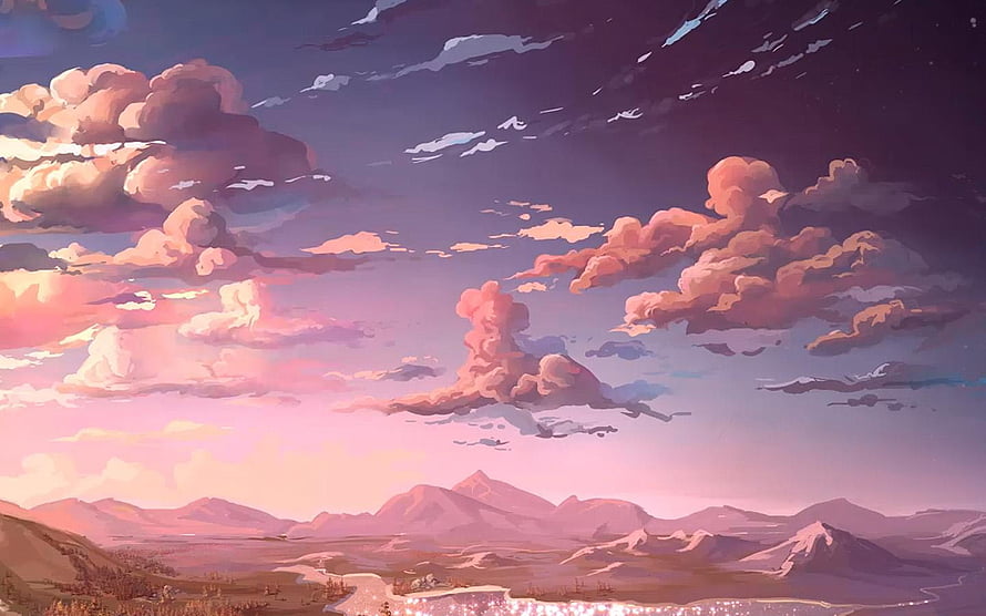 Dreamy Digital Art Landscape with Soft Pink Clouds and Distant Mountain Ranges at Sunset HD wallpaper