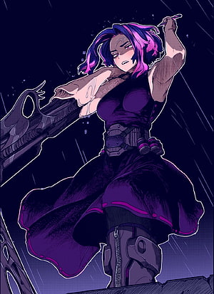 Lady Nagant in a dramatic combat stance wielding a large rifle against a dark rainy backdrop HD phone wallpaper
