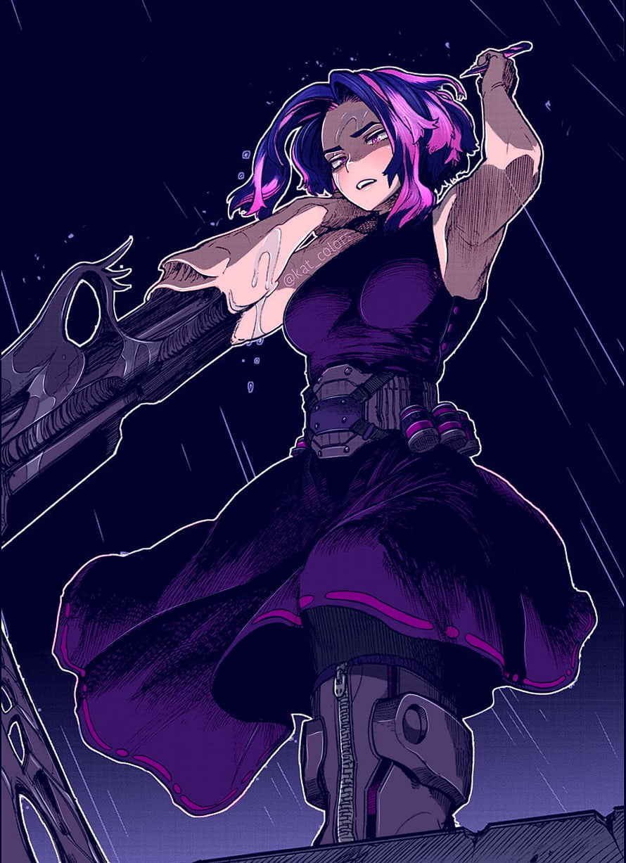 Lady Nagant in a dramatic combat stance wielding a large rifle against a dark rainy backdrop HD phone wallpaper