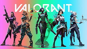 Five Valorant Agents Standing in a Row Against a Vibrant Gradient Background HD wallpaper